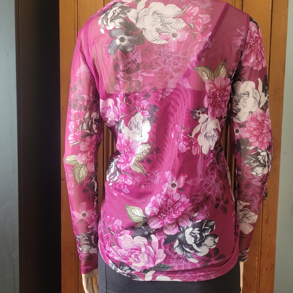 Vintage Y2K Ruched Sheer Mesh Floral Top Fairycore Romantic Club Wear M - Picture 8 of 16
